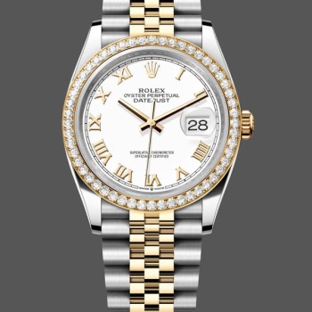 Super Clone Women's Rolex Datejust 36-M126283RBR 0015, Yellow Gold & Diamonds, White Roman Dial, Women’s White Dial