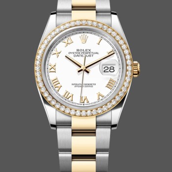 Super Clone Women's Rolex Datejust 36-m126283RBR, Stainless Steel & Yellow Gold, White Roman Oyster White Dial