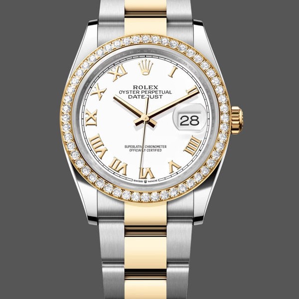 Super Clone Women's Rolex Datejust 36-m126283RBR, Stainless Steel & Yellow Gold, White Roman Oyster White Dial