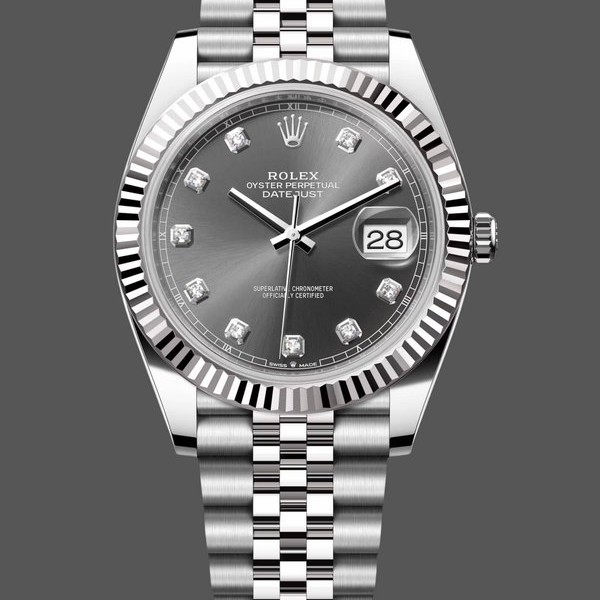 Super Clone Men's Rolex Datejust 41-m126334 0006, Rhodium Diamond Dial, Fluted Bezel, Men’s Grey Dial