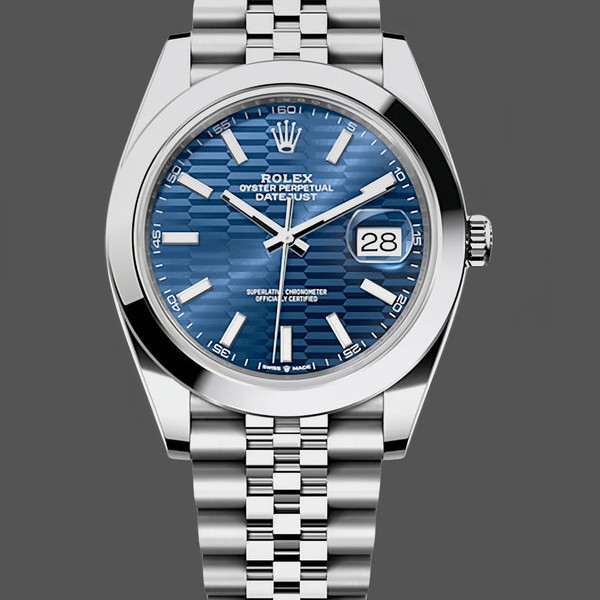 Super Clone Men's Rolex Datejust 41-126300 0024, Stainless Steel, Blue Stick Dial, Smooth Blue Dial