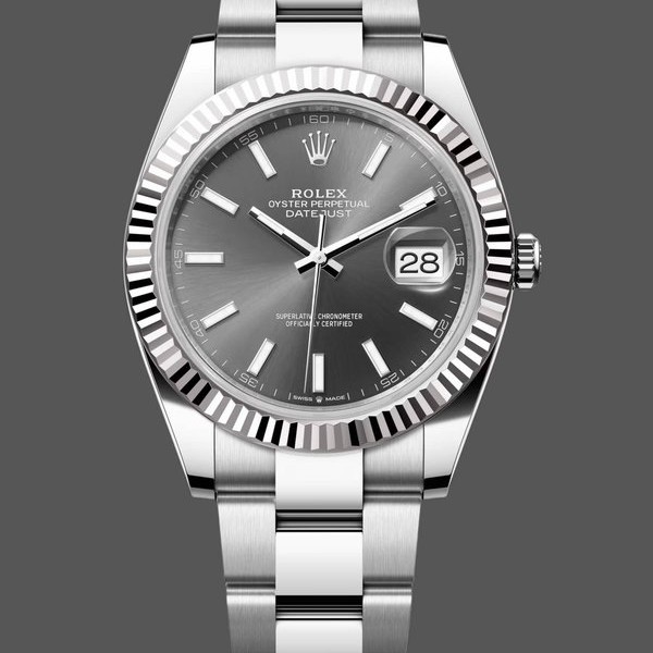 Super Clone Men's Rolex Datejust 41-M126334, White Gold, Fluted Bezel, Slate Dial, Oyster, Men’s Grey Dial