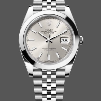 Super Clone Men's Rolex Datejust 41-m126300 0004, Oystersteel, Silver Stick Dial, Domed Bezel Silver Dial
