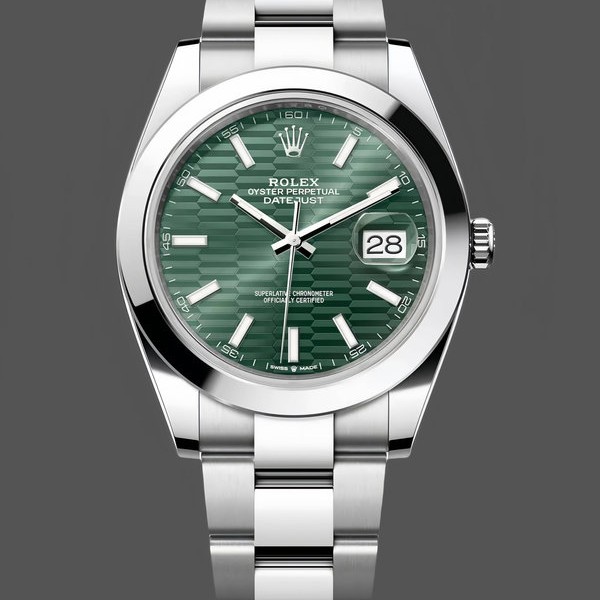 Super Clone Men's Rolex Datejust 41-126300 0021, Steel, Oyster Bracelet, Smooth Bezel Green Dial