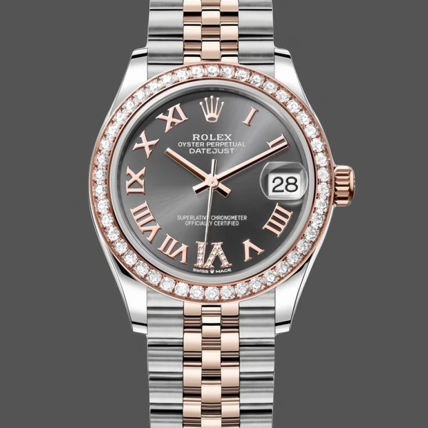 Super Clone Women's Rolex Datejust Lady 31-278381RBR, Rose Gold & Steel, Slate Roman Diamond VI Dial, Diamond Bezel, Jubilee Bracelet, Women’s Slate