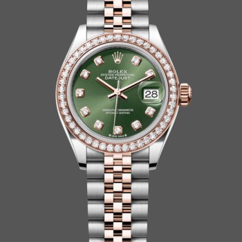 Super Clone Women's Rolex Datejust-279381RBR 0007, Olive Green Diamond, Steel & Rose Gold, Lady’s Green Dial
