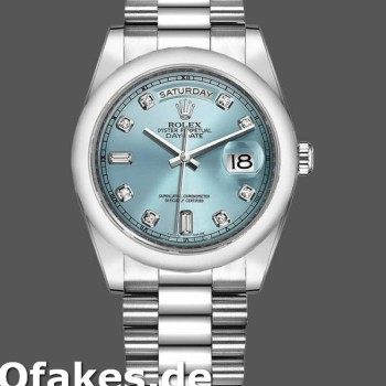 Super Clone Unisex's Rolex Day-Date 36mm Unisex-118206-Ice Blue Dial-Diamond-Platinum Ice Blue