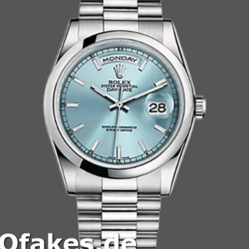 Super Clone Unisex's Rolex Day-Date 36mm Unisex-118206-Ice Blue Dial-Polished Platinum Bezel Ice Blue