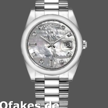 Super Clone Unisex's Rolex Day-Date 36mm Unisex-118206-Platinum-White Mother of Pearl-Diamond Dial MOP