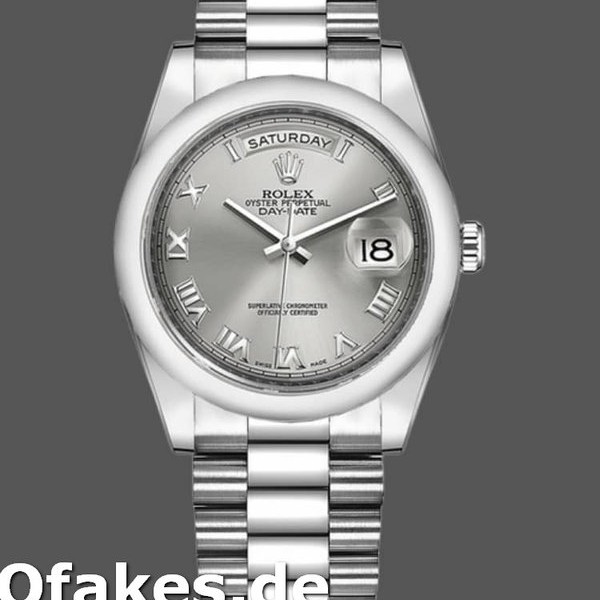 Super Clone Unisex's Rolex Day-Date 36mm Unisex-118206-Rhodium Grey Dial-Roman Numerals Grey