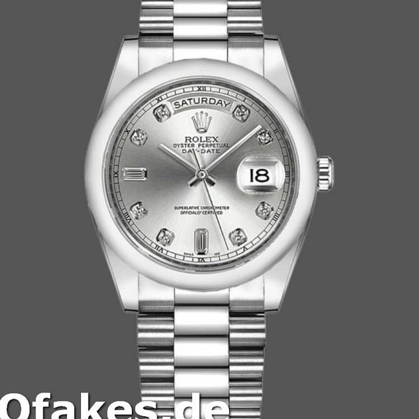 Super Clone Unisex's Rolex Day-Date 36mm Unisex-118206-Silver Diamond Dial-Platinum Silver