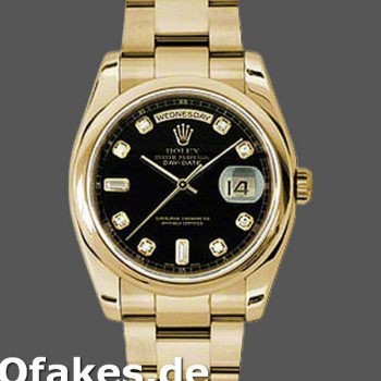 Super Clone Unisex's Rolex Day-Date 36mm Unisex-118208-Black Diamond Dial-Yellow Gold Black