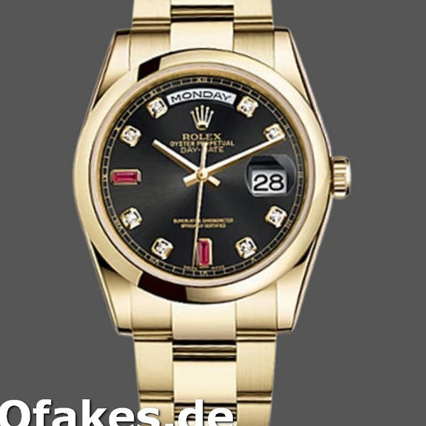 Super Clone Unisex's Rolex Day-Date 36mm Unisex-118208-Black Diamond Dial-Yellow Gold Case Black