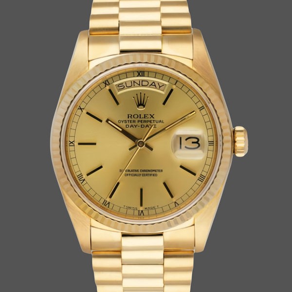 Super Clone Unisex's Rolex Day-Date 36mm Unisex-118208-Champagne Dial-Gold Indexes-Yellow Gold Champagne