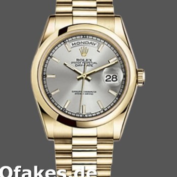 Super Clone Unisex's Rolex Day-Date 36mm Unisex-118208-Silver Dial-Domed Bezel Silver