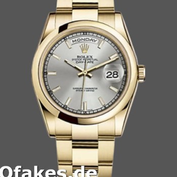 Super Clone Unisex's Rolex Day-Date 36mm Unisex-118208-Silver Dial-Yellow Gold Silver