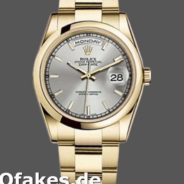 Super Clone Unisex's Rolex Day-Date 36mm Unisex-118208-Silver Dial-Yellow Gold Silver
