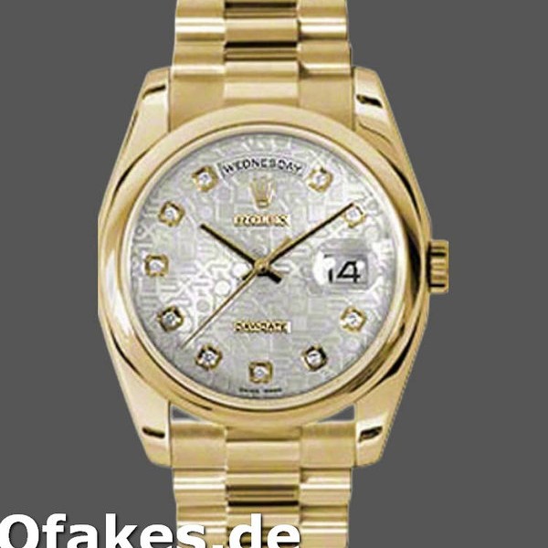 Super Clone Unisex's Rolex Day-Date 36mm Unisex-118208-Silver Diamond Jubilee Dial-Yellow Gold Silver