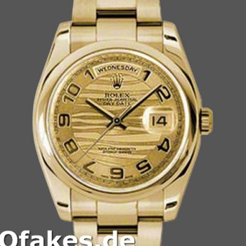 Super Clone Unisex's Rolex Day-Date 36mm Unisex-118208-Yellow Gold-Arabic Numeral Wave-Champagne Dial Champagne