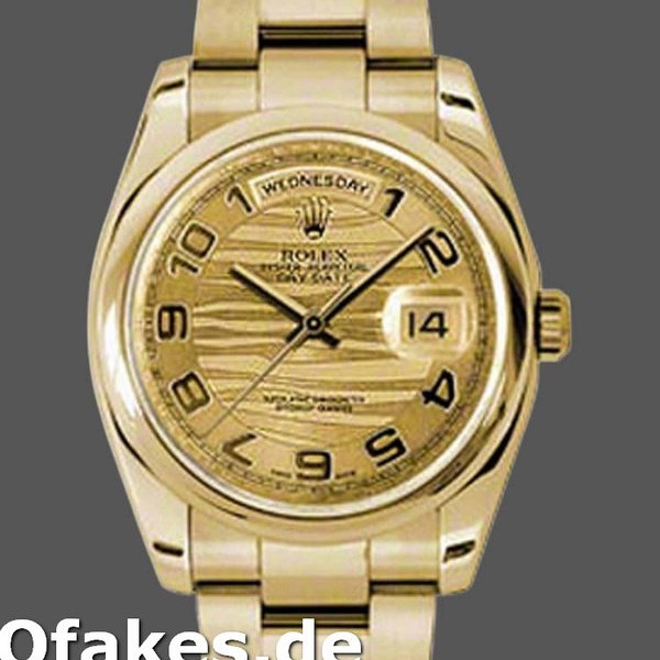 Super Clone Unisex's Rolex Day-Date 36mm Unisex-118208-Yellow Gold-Arabic Numeral Wave-Champagne Dial Champagne