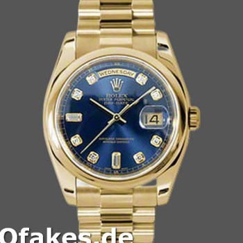 Super Clone Unisex's Rolex Day-Date 36mm Unisex-118208-Yellow Gold-Blue Diamond Dial Blue