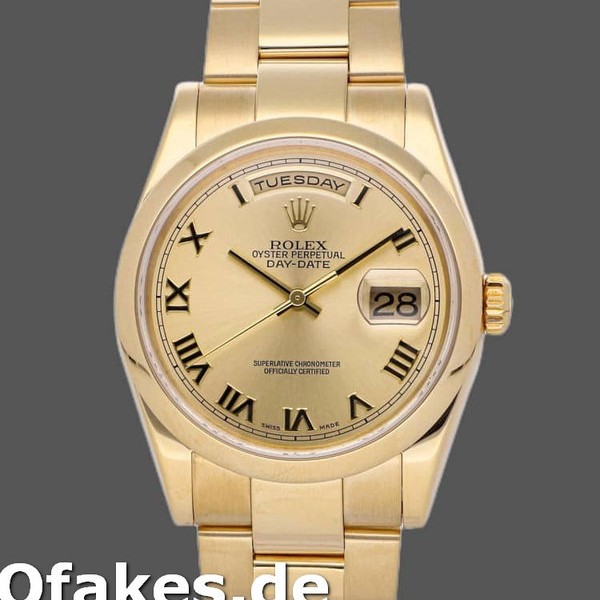 Super Clone Unisex's Rolex Day-Date 36mm Unisex-118208-Yellow Gold-Champagne Dial-Roman Numerals Champagne