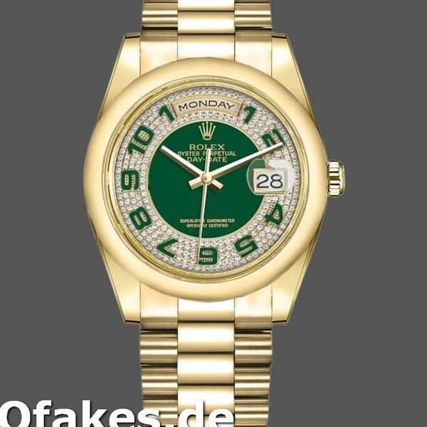 Super Clone Unisex's Rolex Day-Date 36mm Unisex-118208-Yellow Gold-Green Diamond Paved-Arabic Dial Green