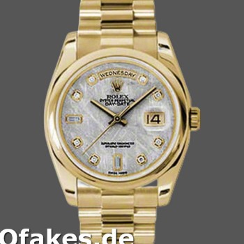 Super Clone Unisex's Rolex Day-Date 36mm Unisex-118208-Yellow Gold-Meteorite Grey Diamond Dial Grey