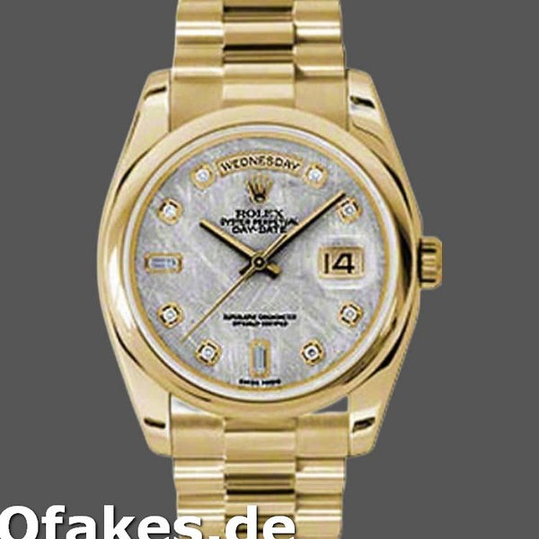 Super Clone Unisex's Rolex Day-Date 36mm Unisex-118208-Yellow Gold-Meteorite Grey Diamond Dial Grey