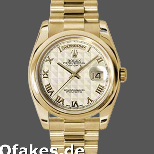 Super Clone Unisex's Rolex Day-Date 36mm Unisex-118208-Yellow Gold-Roman Numeral Pyramid-Ivory Dial Ivory