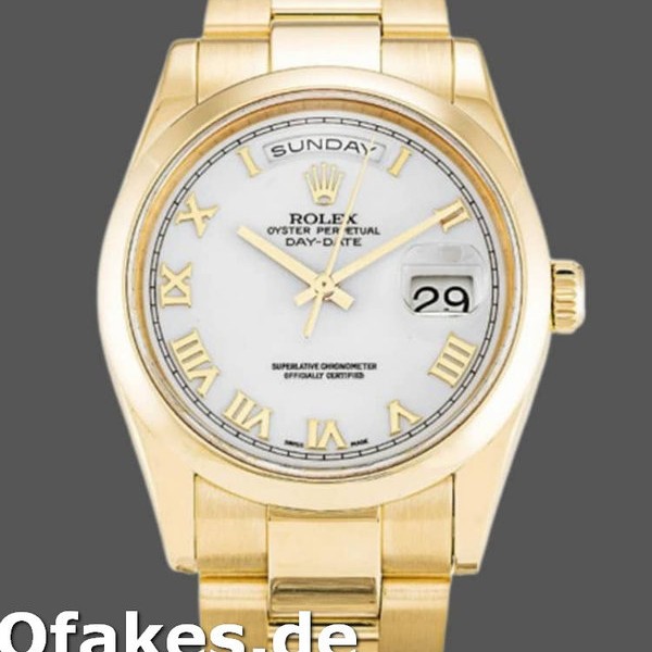 Super Clone Unisex's Rolex Day-Date 36mm Unisex-118208-Yellow Gold-White Dial-Roman Numeral White