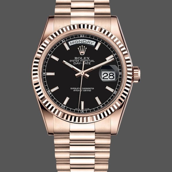 Super Clone Unisex's Rolex Day-Date 36mm Unisex-118235-Black Dial-Rose Gold Black