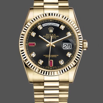 Super Clone Unisex's Rolex Day-Date 36mm Men's-118238-Black Diamond Dial-Fluted Bezel Black