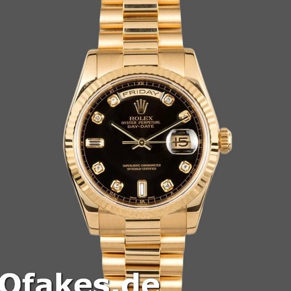 Super Clone Men's Rolex Day-Date 36mm Men's-118238-Yellow Gold-Black Diamond Dial Black