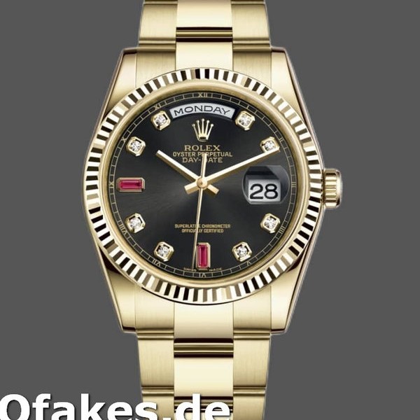 Super Clone Men's Rolex Day-Date 36mm Men's-118238-Yellow Gold-Black Diamond Dial-Fluted Bezel Black