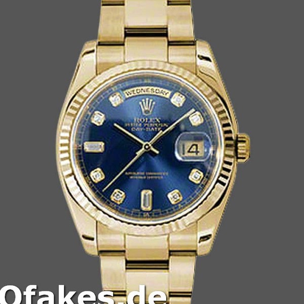 Super Clone Unisex's Rolex Day-Date 36mm Unisex-118238-Yellow Gold-Blue Diamond Dial Blue