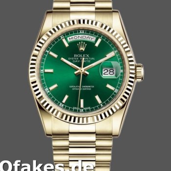 Super Clone Unisex's Rolex Day-Date 36mm Unisex-118238-Yellow Gold-Fluted Bezel-Green Dial Green