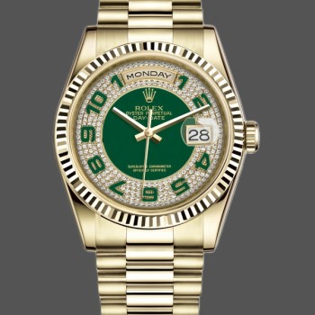 Super Clone Unisex's Rolex Day-Date 36mm Unisex-118238-Yellow Gold-Green Diamond Pave Dial Green