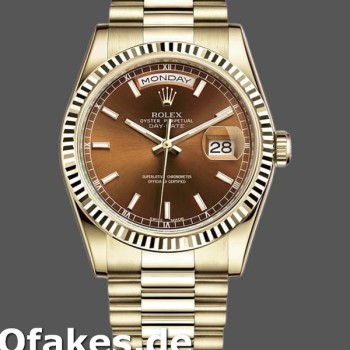 Super Clone Unisex's Rolex Day-Date 36mm Unisex-118238-Yellow Gold-Index Cognac Dial <span style=