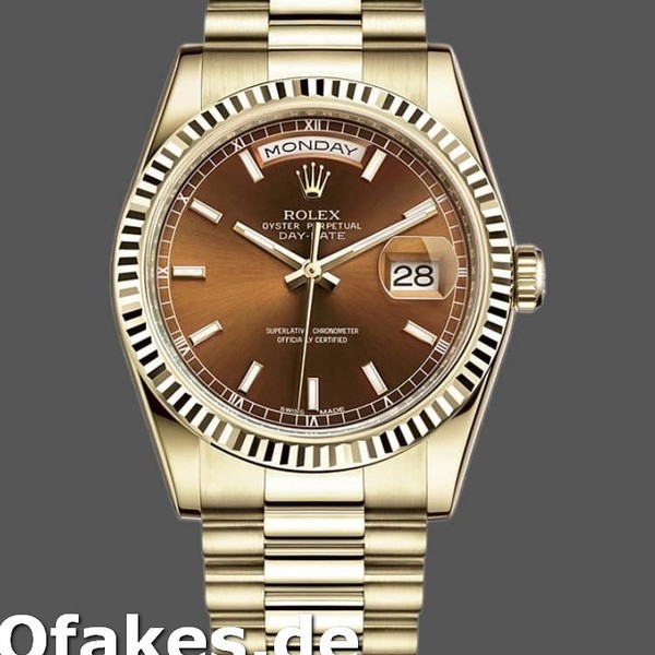 Super Clone Unisex's Rolex Day-Date 36mm Unisex-118238-Yellow Gold-Index Cognac Dial <span style=