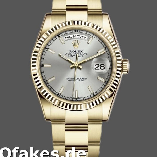 Super Clone Unisex's Rolex Day-Date 36mm Unisex-118238-Yellow Gold-Silver Dial-Fluted Bezel Silver