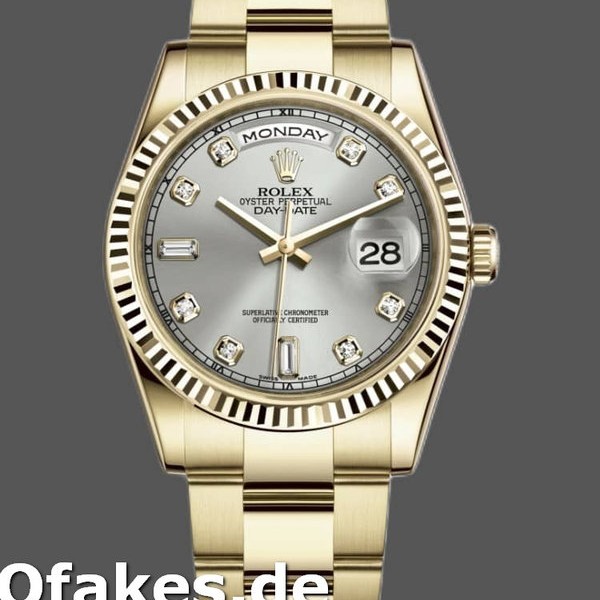 Super Clone Unisex's Rolex Day-Date 36mm Unisex-118238-Yellow Gold-Silver Diamond Dial Silver