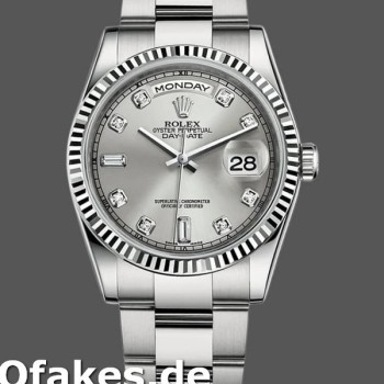 Super Clone Unisex's Rolex Day-Date 36mm Unisex-118239-Silver Diamond Dial-Fluted Bezel Silver