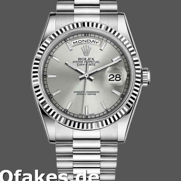 Super Clone Unisex's Rolex Day-Date 36mm Unisex-118239-White Gold-Silver Dial-Fluted Bezel Silver