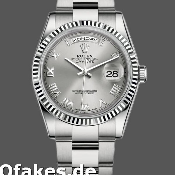 Super Clone Unisex's Rolex Day-Date 36mm Unisex-118239-White Gold-Silver Roman Numeral Dial Silver