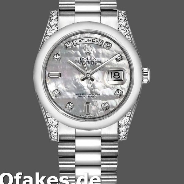 Super Clone Unisex's Rolex Day-Date 36mm Unisex-118296-Platinum-MOP White Dial-Diamond MOP