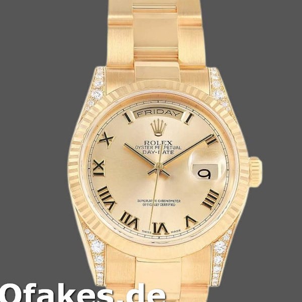 Super Clone Unisex's Rolex Day-Date 36mm Unisex-118338-Yellow Gold-Champagne Dial-Roman Numerals Champagne