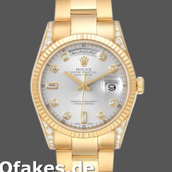 Super Clone Unisex's Rolex Day-Date 36mm Unisex-118338-Yellow Gold-Silver Diamond Dial Silver