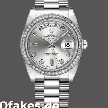 Super Clone Unisex's Rolex Day-Date 36mm Unisex-118346-Silver Dial-Diamond Silver