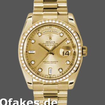 Super Clone Men's Rolex Day-Date 36mm Unisex-118348-Champagne Diamond Dial-Yellow Gold Champagne